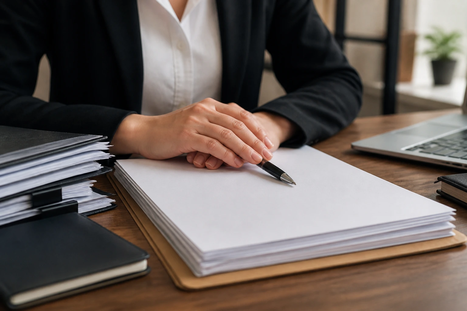 Hands on blank documents with a pen in a work permit prep setting