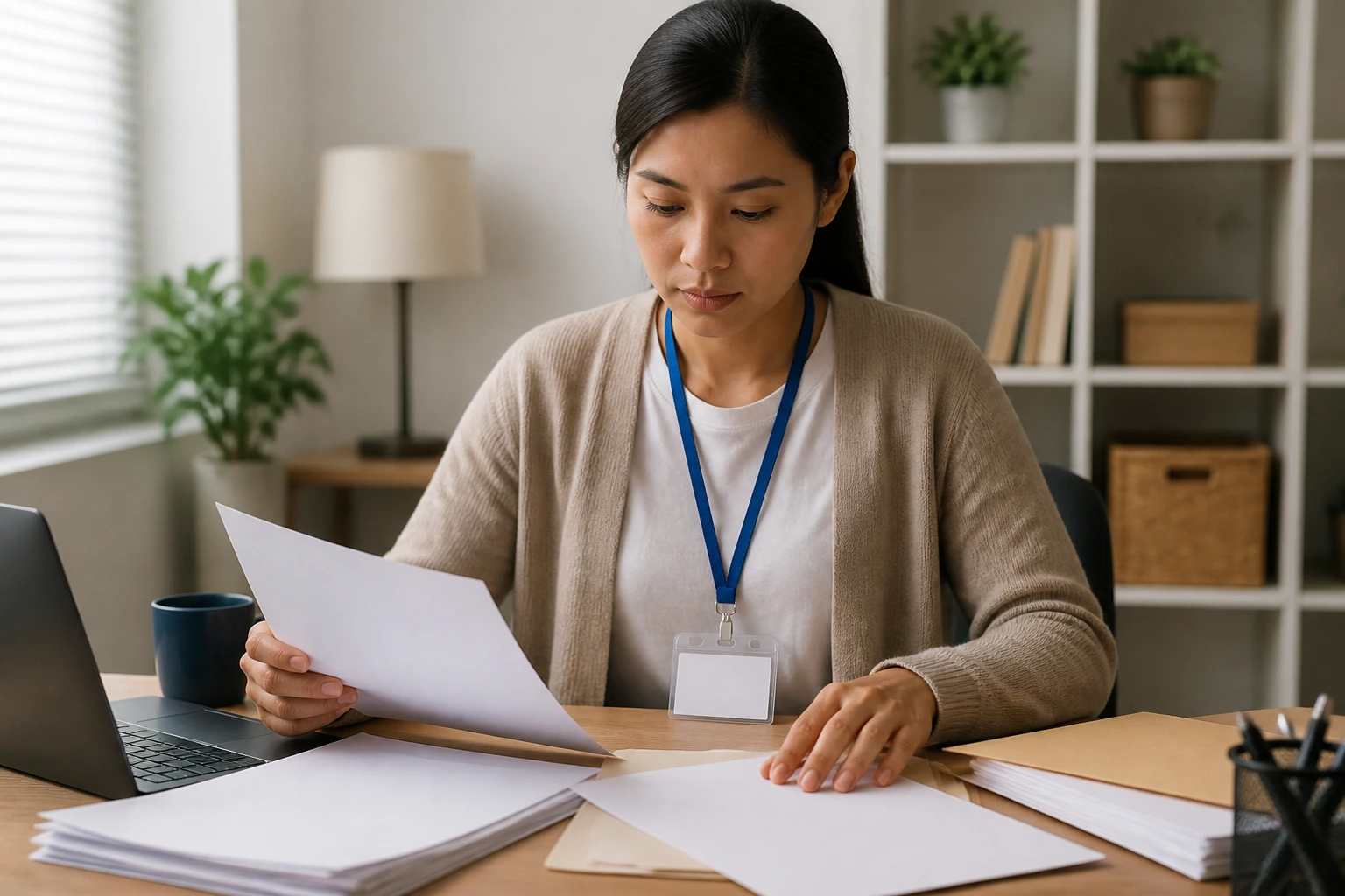 Portrait of a real person organizing blank forms and a blank-label badge for a permit