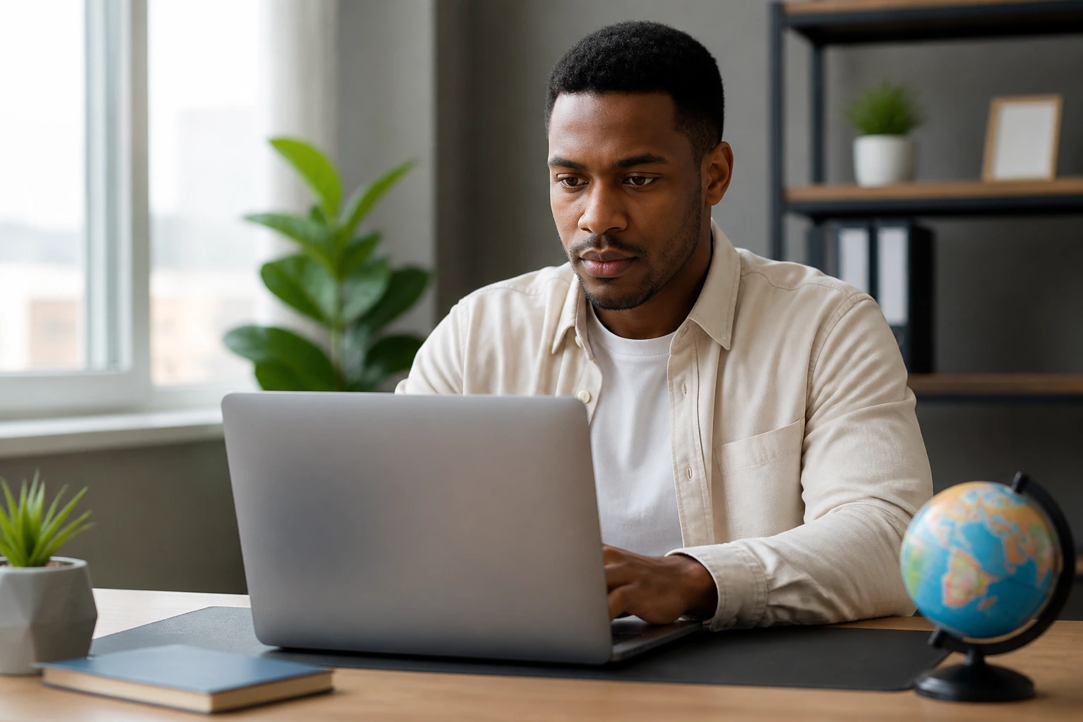 Person applying for work permit on a laptop in a modern workspace