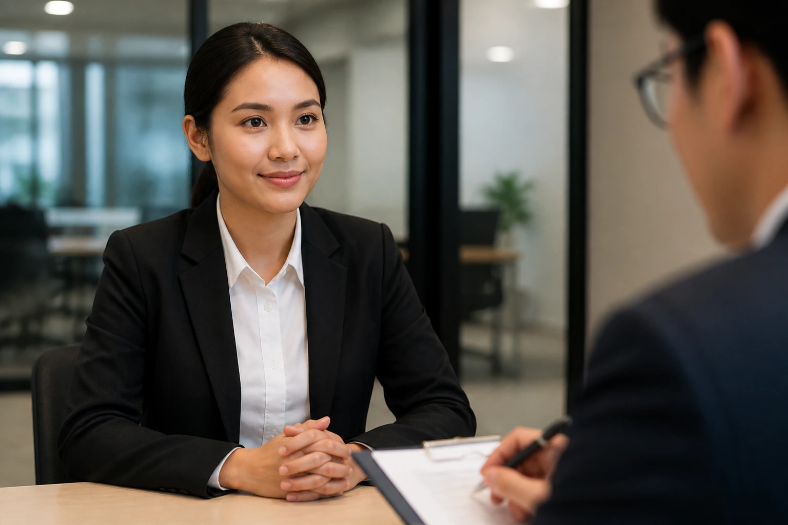 Calm professional during a work permit interview, intimate portrait