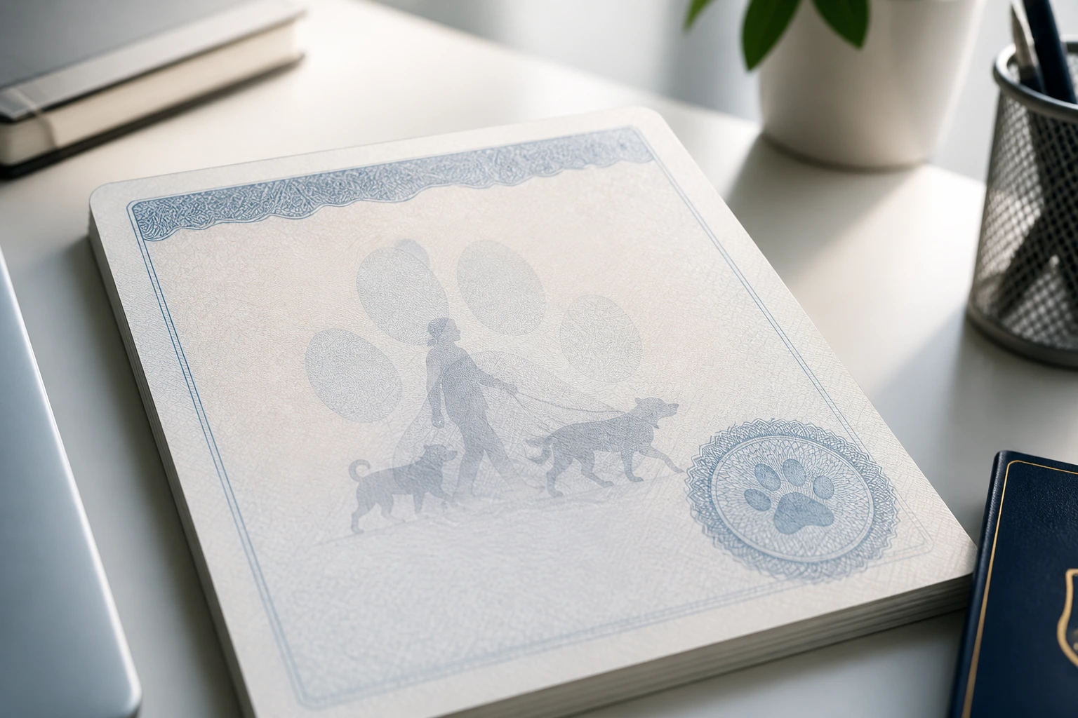 Silhouette of a work permit document with paw watermark on a desk