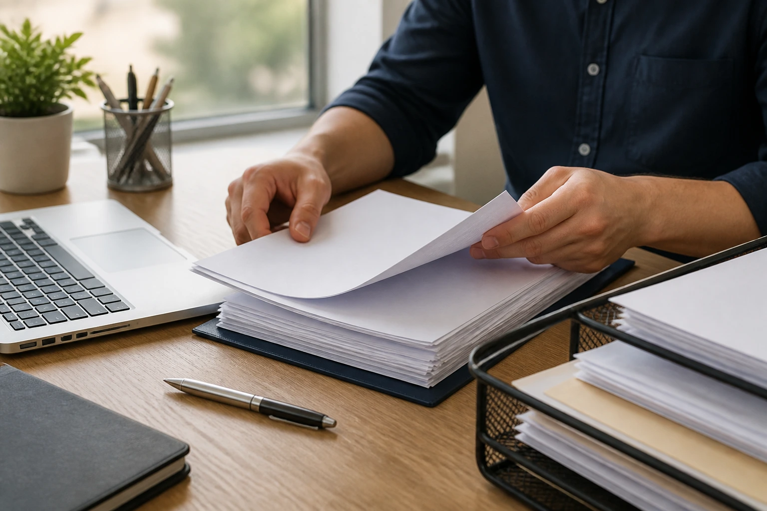 Close-up of a person’s hands organizing documents for a work permit process at a desk.