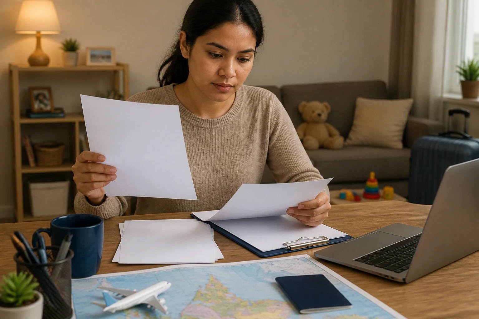 Caregiver planning work permit steps at a home desk with blank forms and map