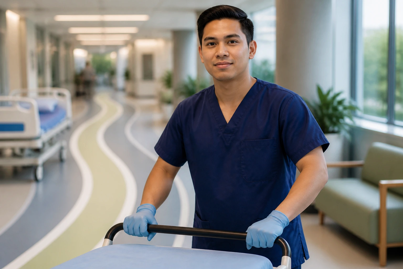 Hospital orderly in scrubs in a corridor highlighting work permit routes in Canada
