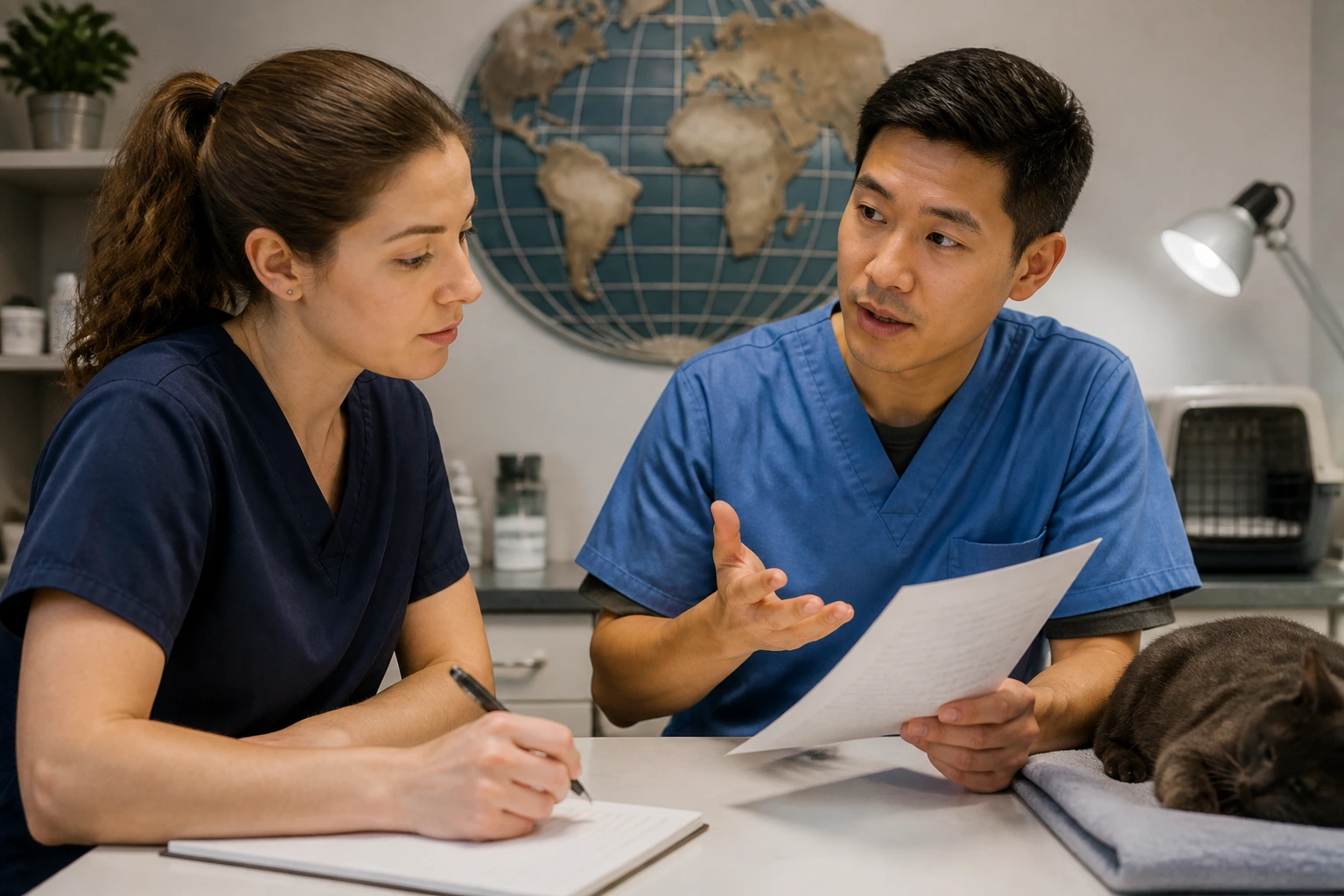 Two clinic staff discussing work permit routes in office
