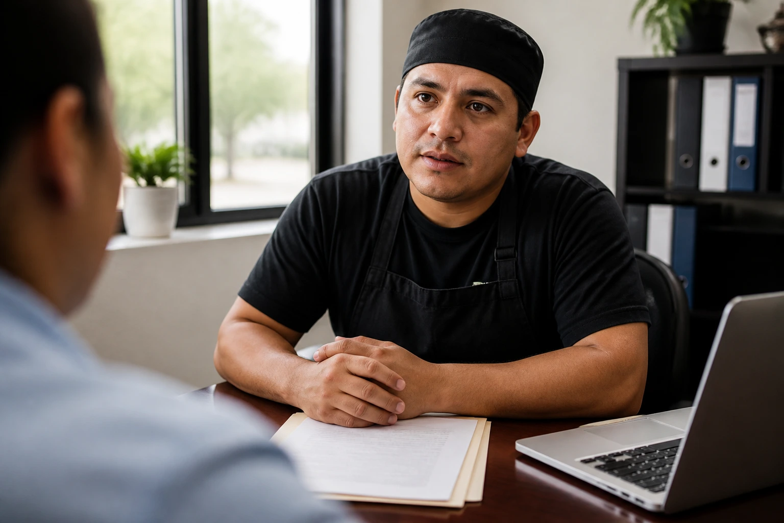Close-up portrait of a migrant worker discussing rights in a softly lit office