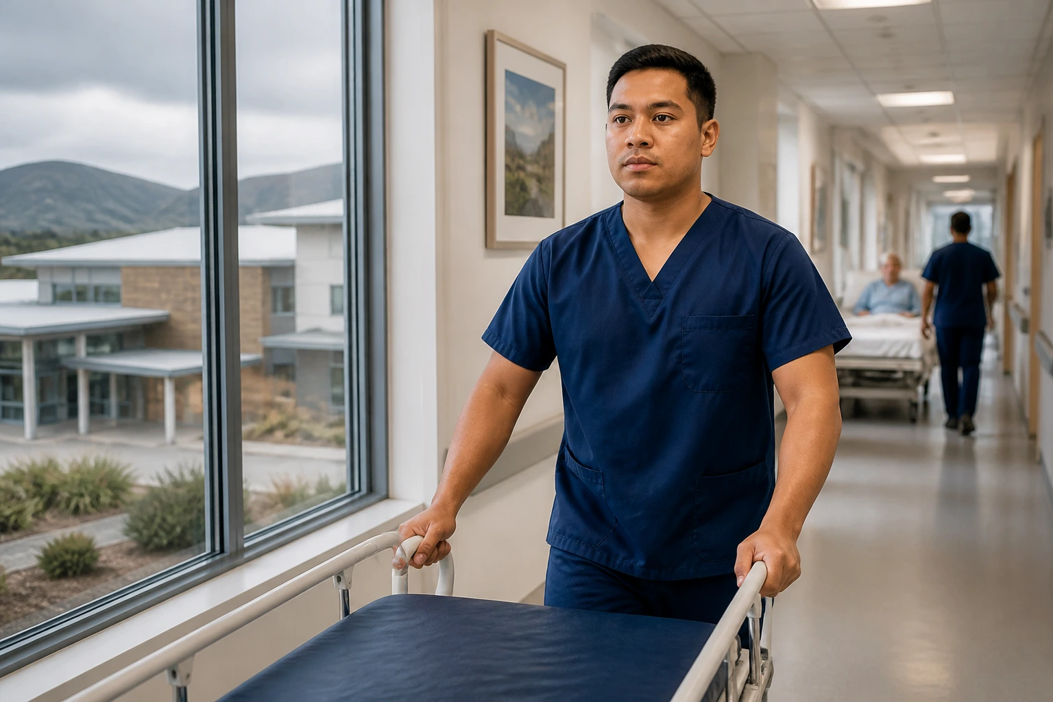 Orderly in uniform walking a hospital corridor suggesting regional visa routes for support staff