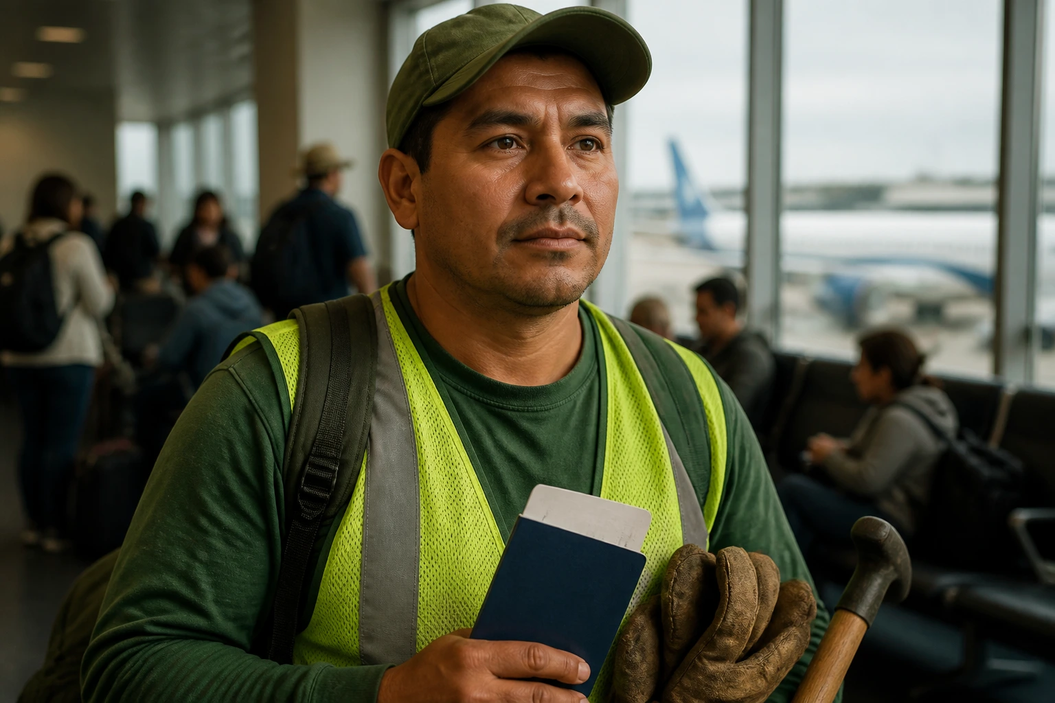 Close-up portrait of a migrant worker learning about H-2B rights in an airport setting
