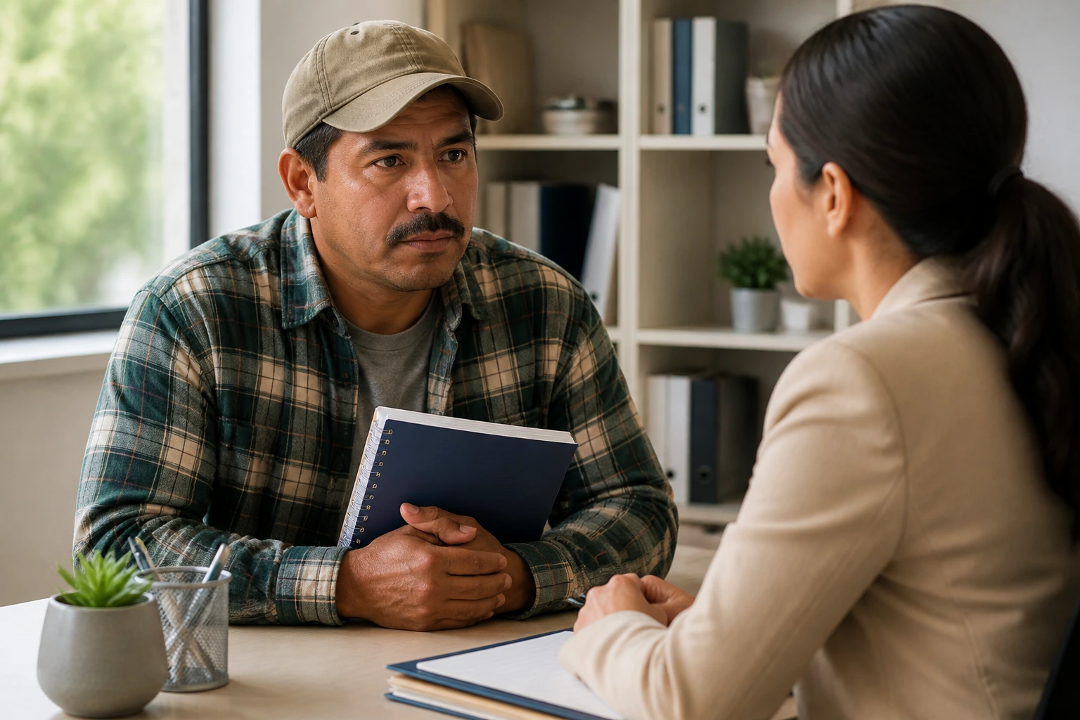 Farmworker discusses rights with a legal advisor in a friendly office.