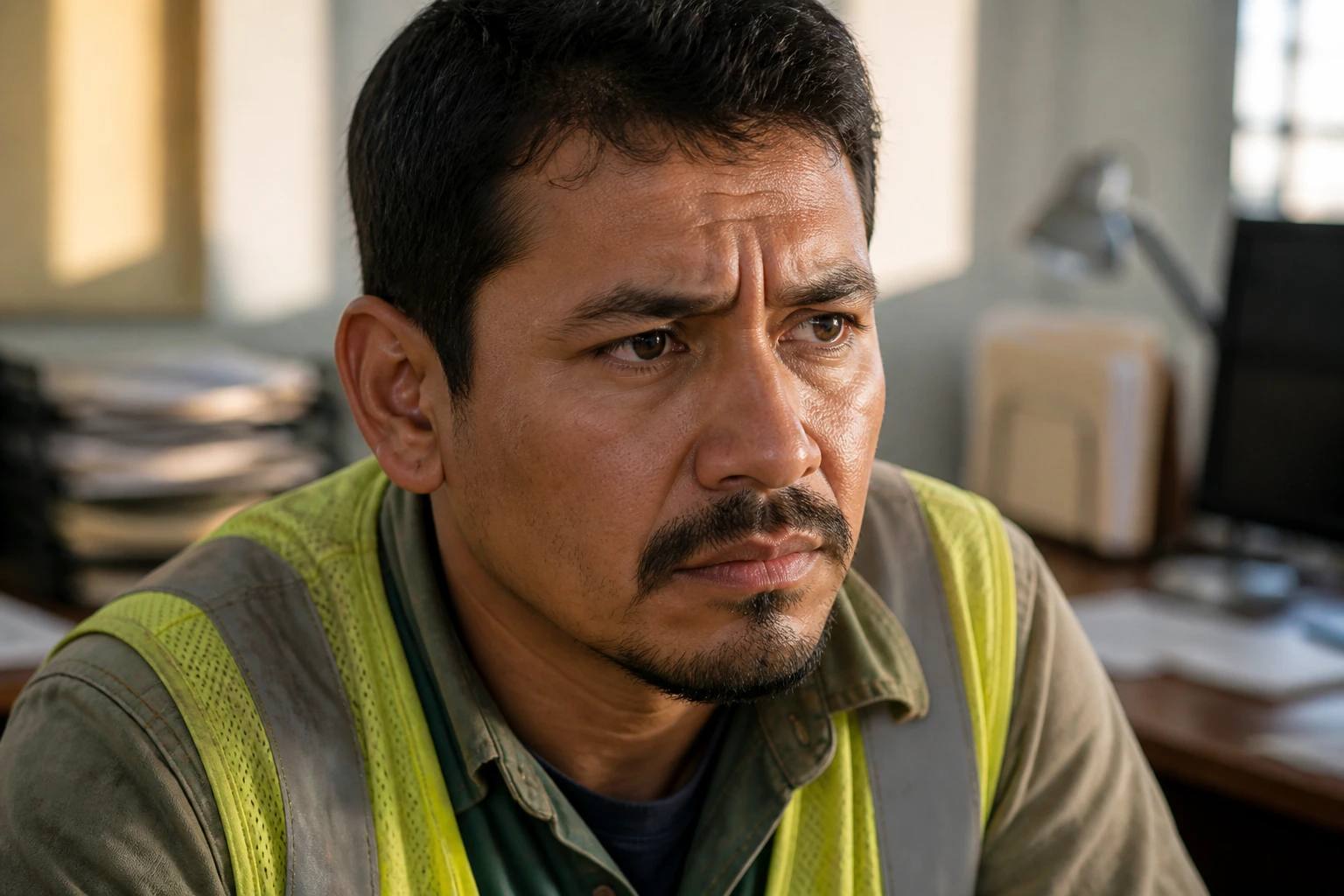 Close-up of a worker's face showing concern about wages and rights.