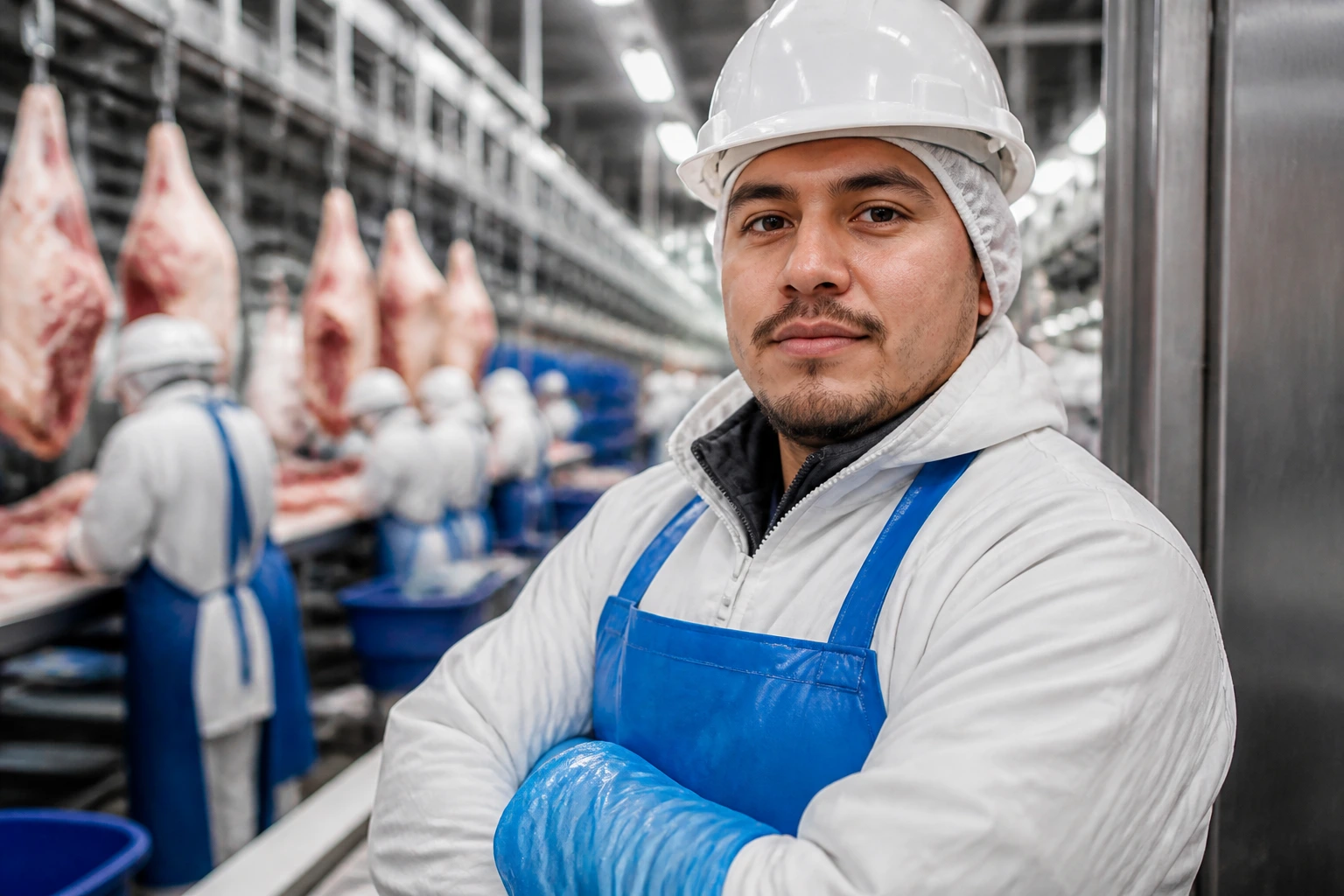 Worker in PPE on the meat plant floor, alert and prepared