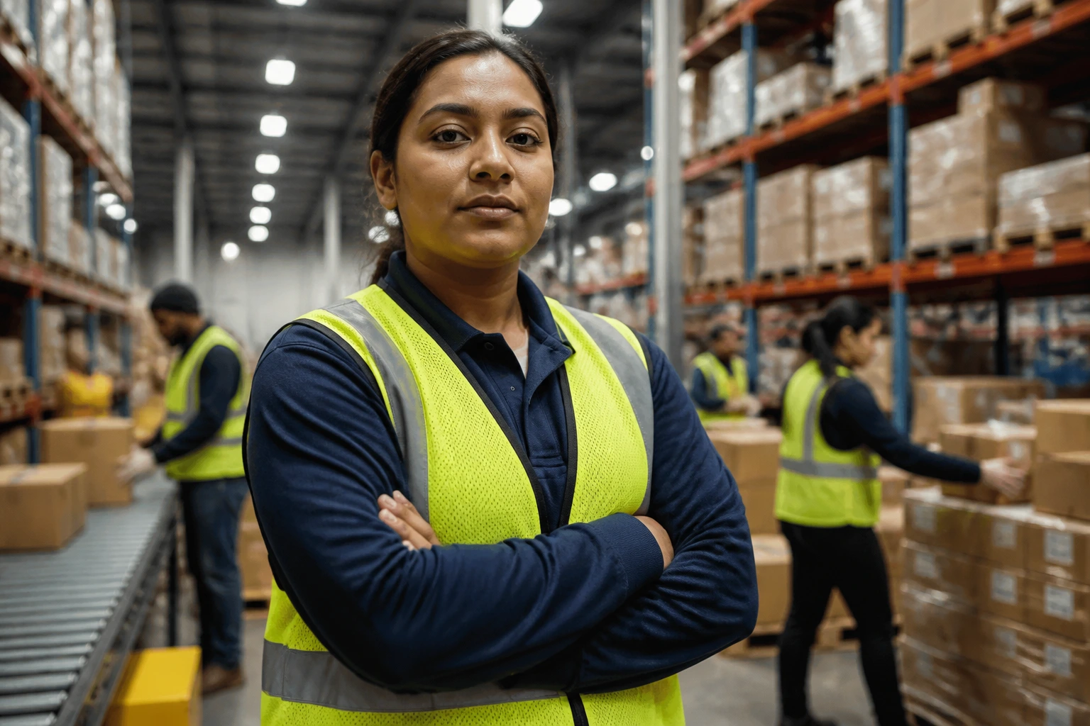 Worker in safety gear in a Canadian warehouse emphasizing rights and safety
