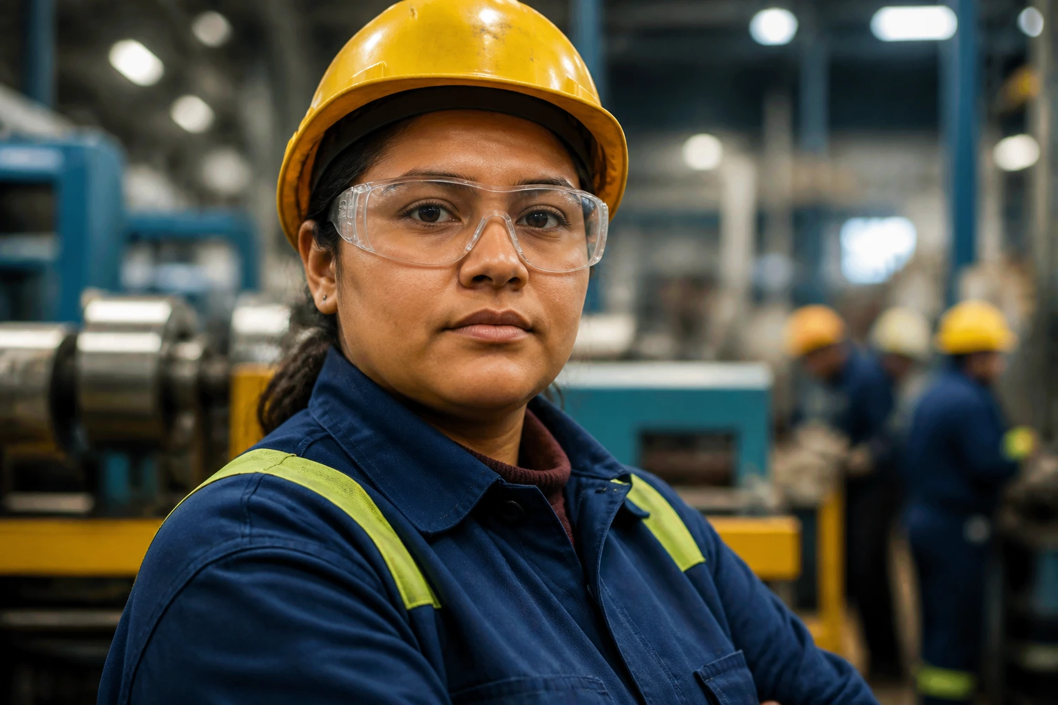 Factory worker in PPE on the production floor, illustrating worker rights