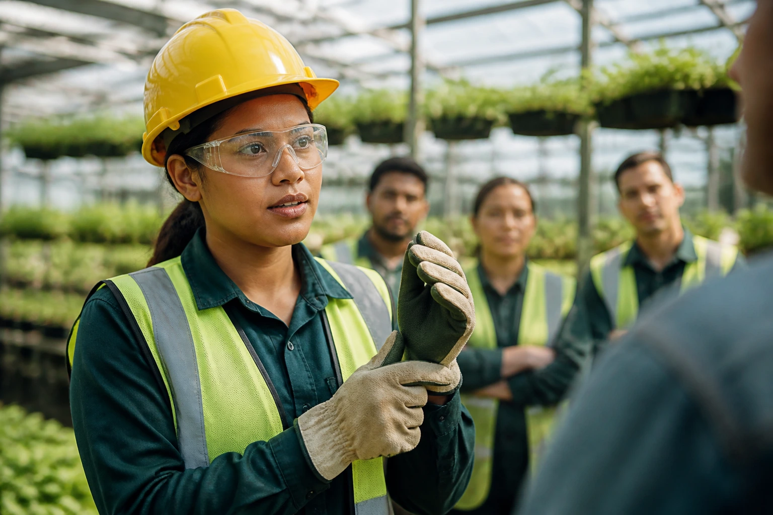 Close-up of a greenhouse worker in PPE during safety training, no text visible.