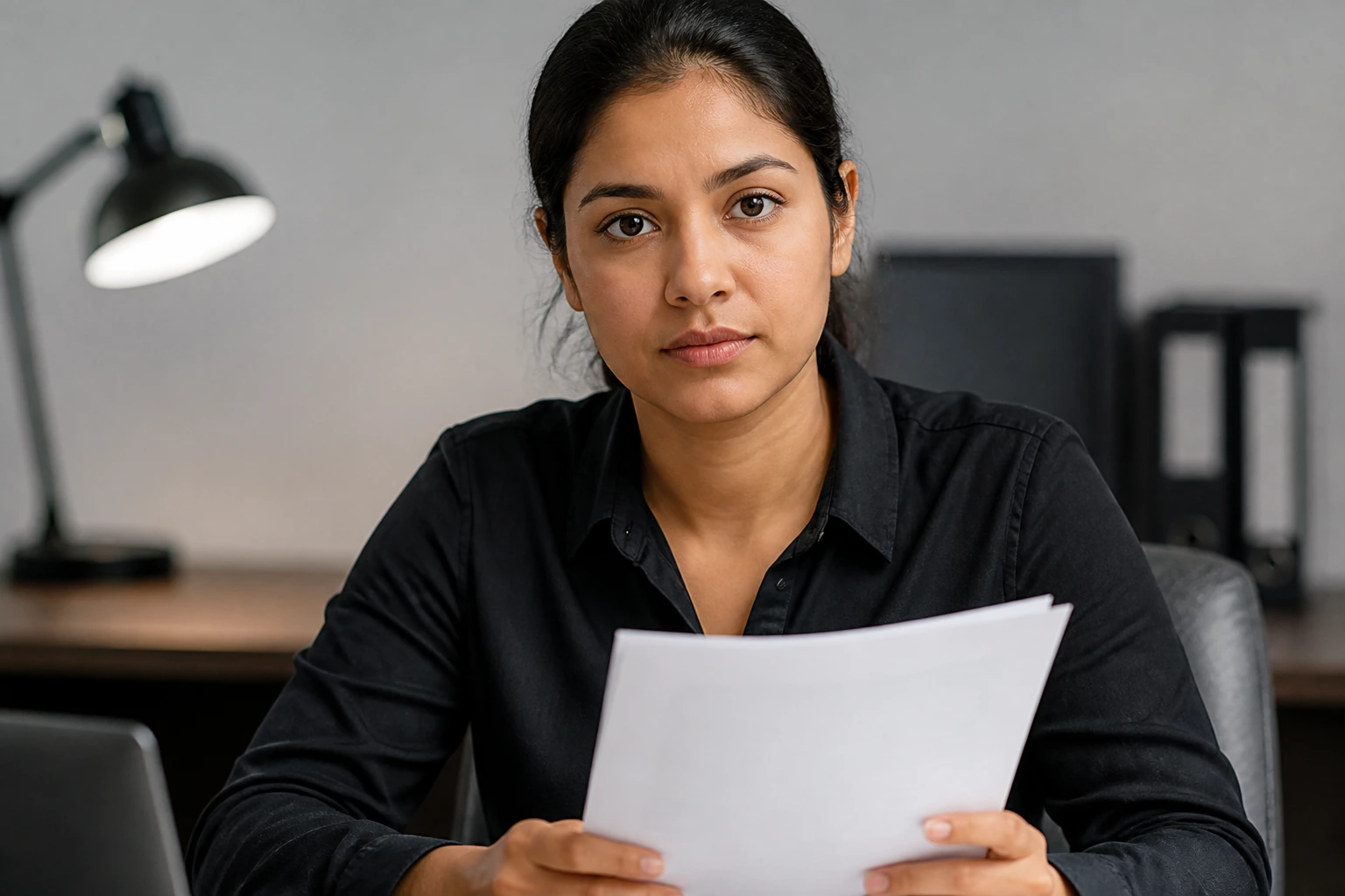 Worker in calm office considering a contract, hands visible
