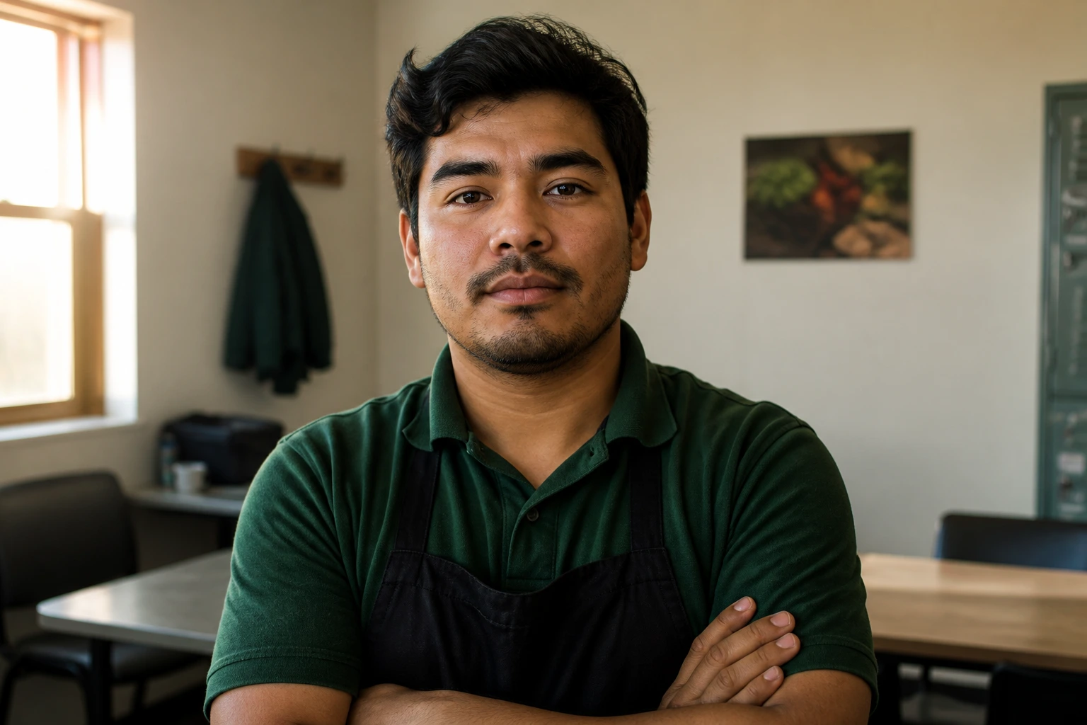 Worker assertive portrait in break room reflecting wage, safety, and fair treatment rights