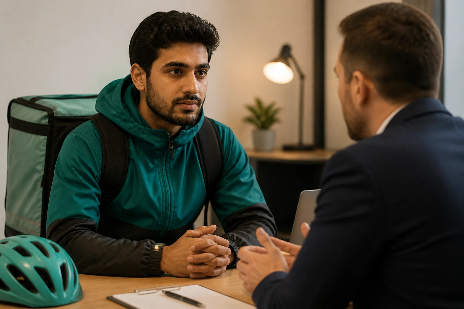 Delivery rider discussing working conditions with employer in an office.
