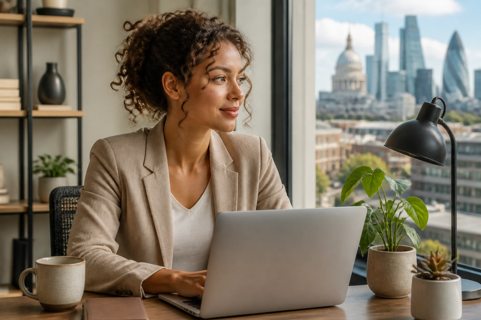 Close-up portrait of a professional in a hybrid work setting representing work-life balance
