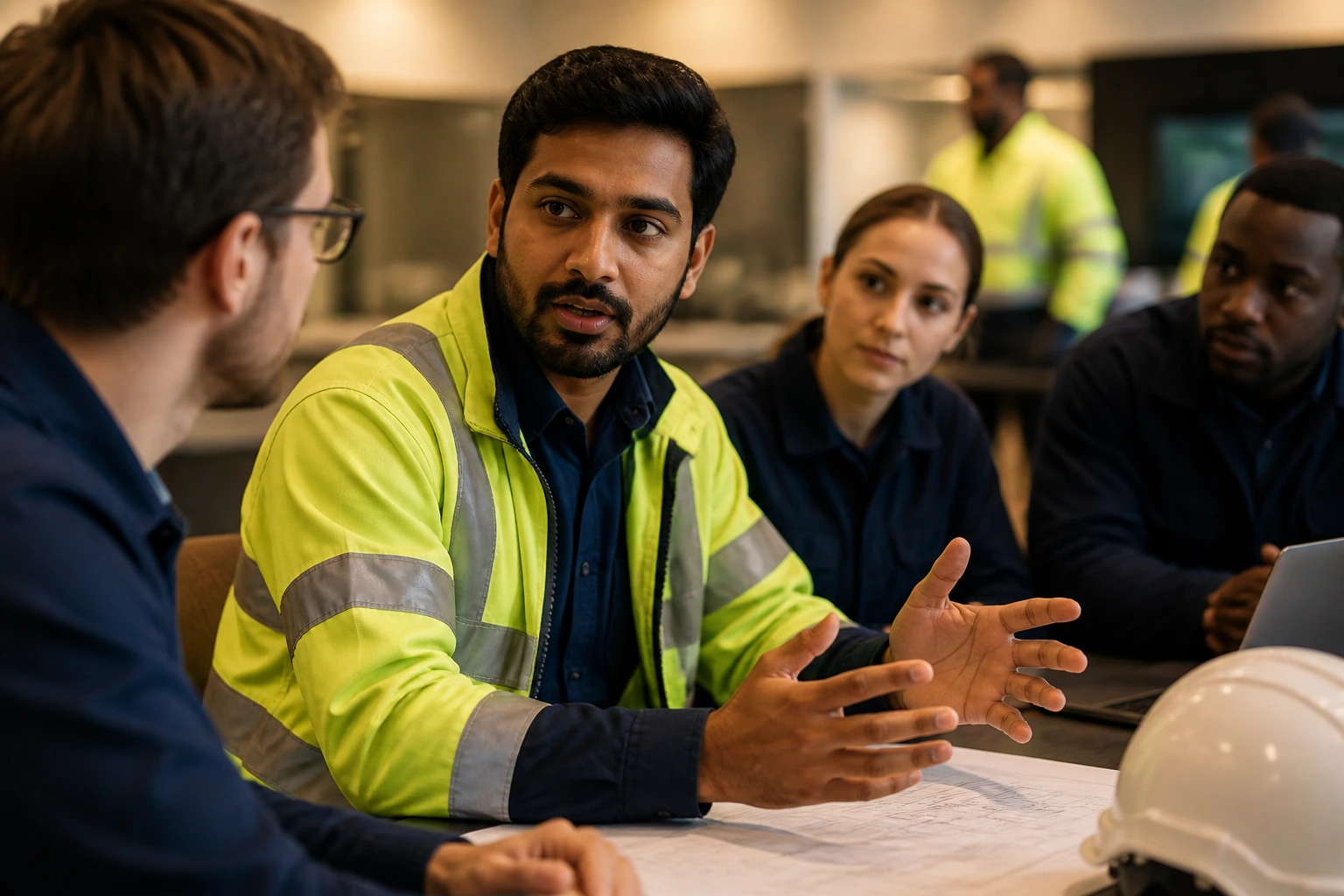 Close-up of an electrical engineer engaging in a team discussion to reflect UK workplace culture