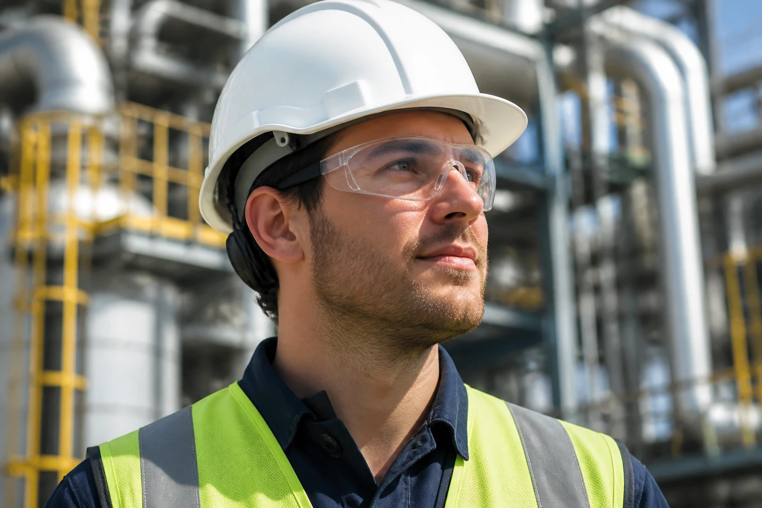 Field engineer in safety gear at an industrial site