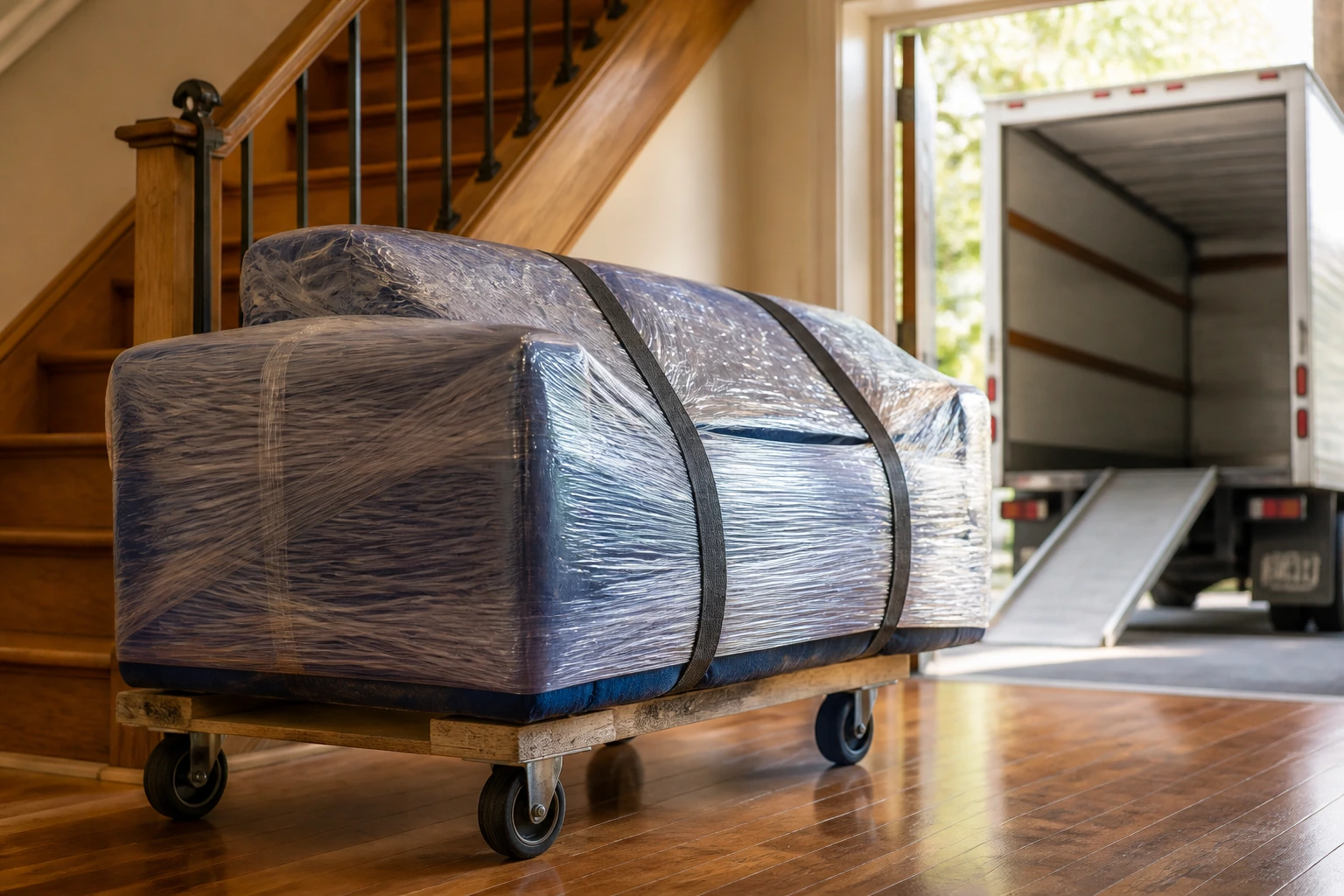 Close-up of wrapped sofa on dolly with staircase and box truck in background