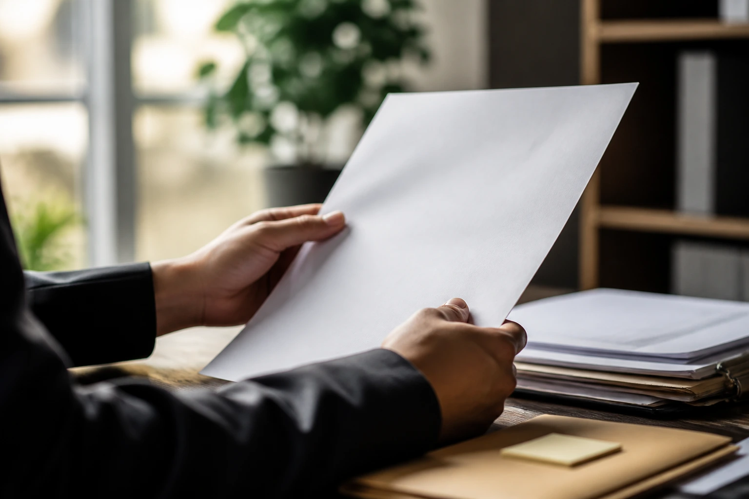 Close-up of hands reviewing a written job offer contract on a desk with natural light