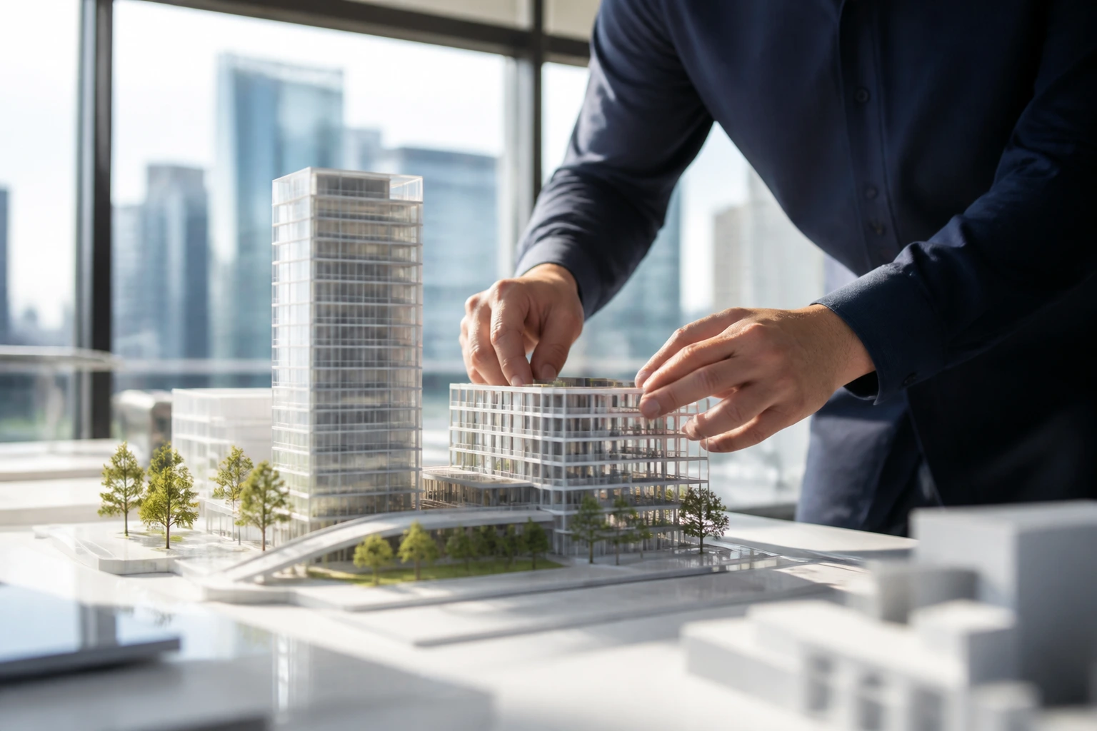 Civil engineer adjusting a scale model of a building.