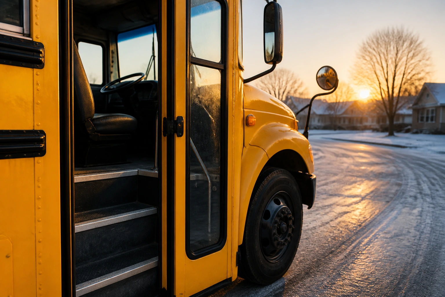 Yellow school bus door at dawn with interior steps visible