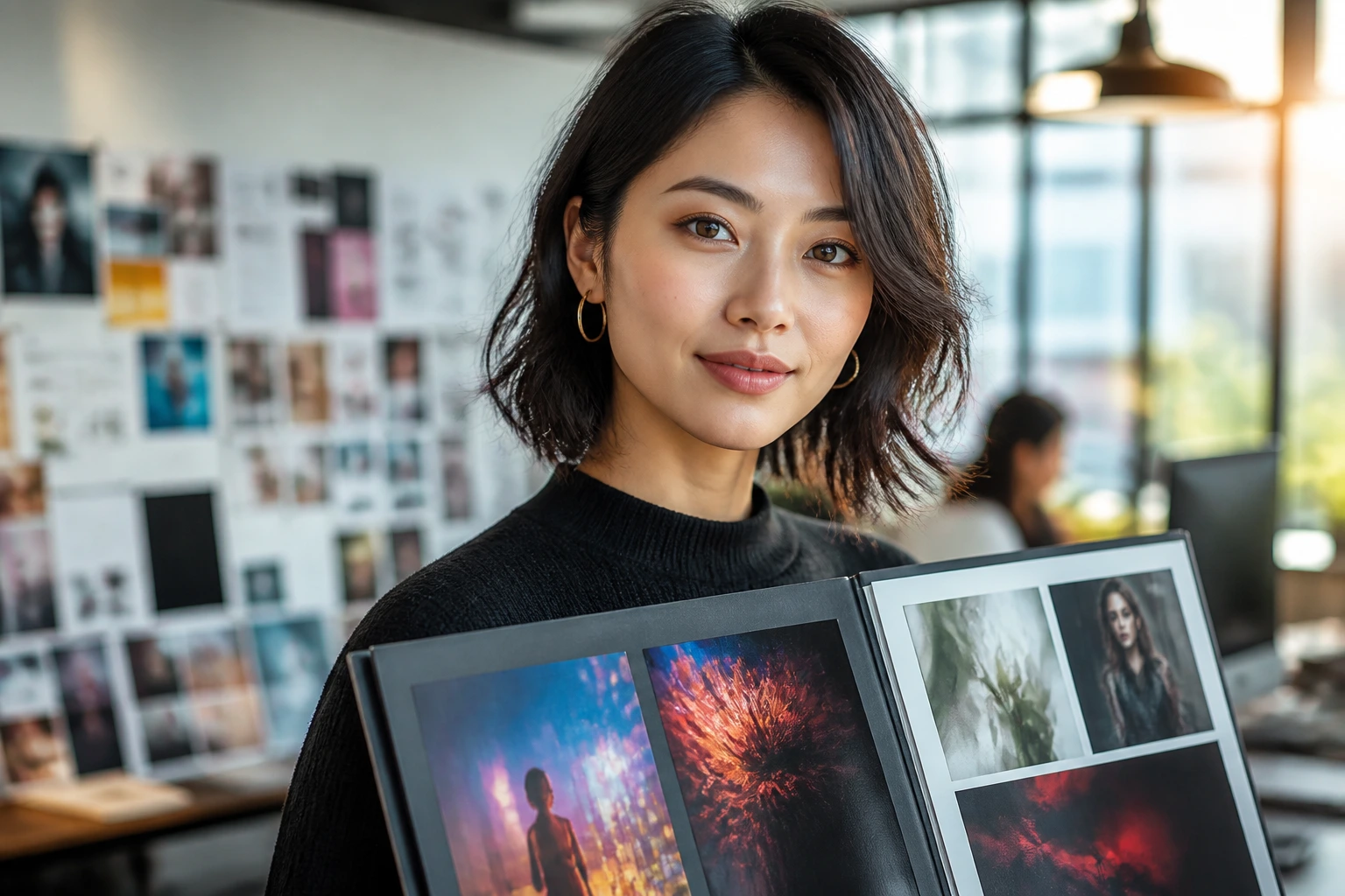 Close-up portrait of a creative professional in a modern ad agency with a portfolio