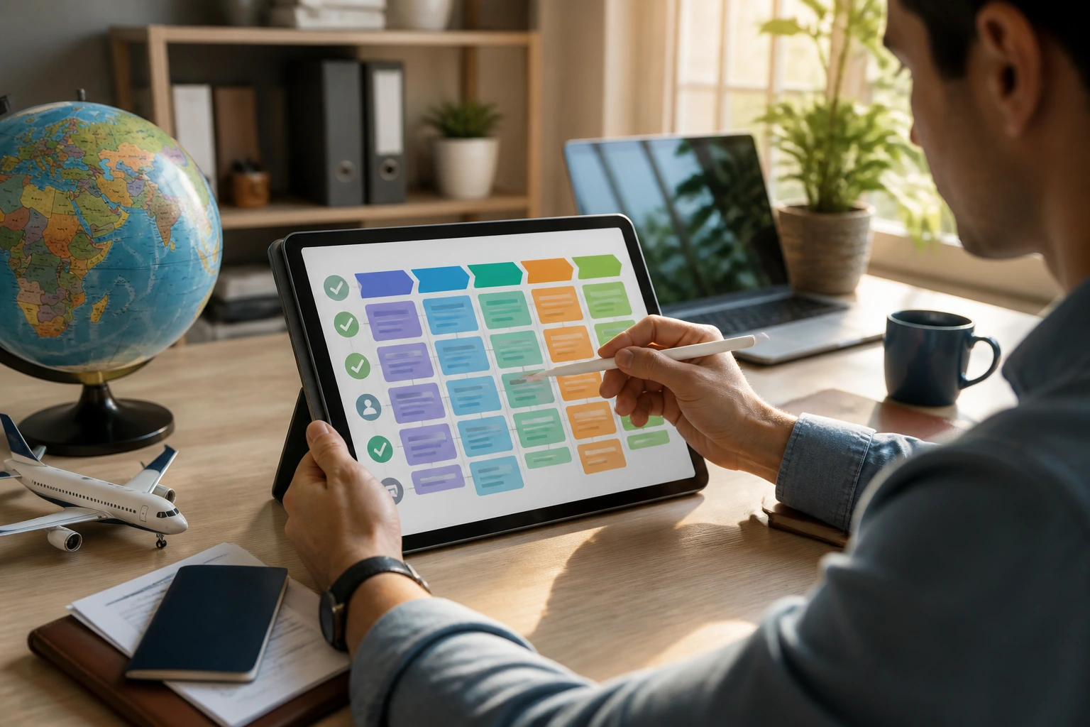 Close-up of a professional's hands viewing a color-coded application plan on a tablet in a sunlit home office