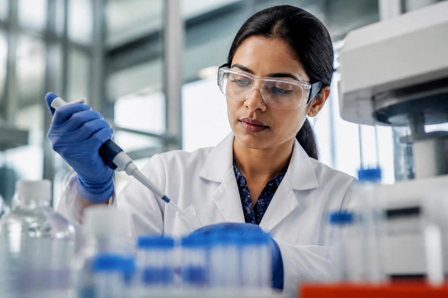 Close-up scientist in a pharmaceutical lab representing AstraZeneca sponsorship