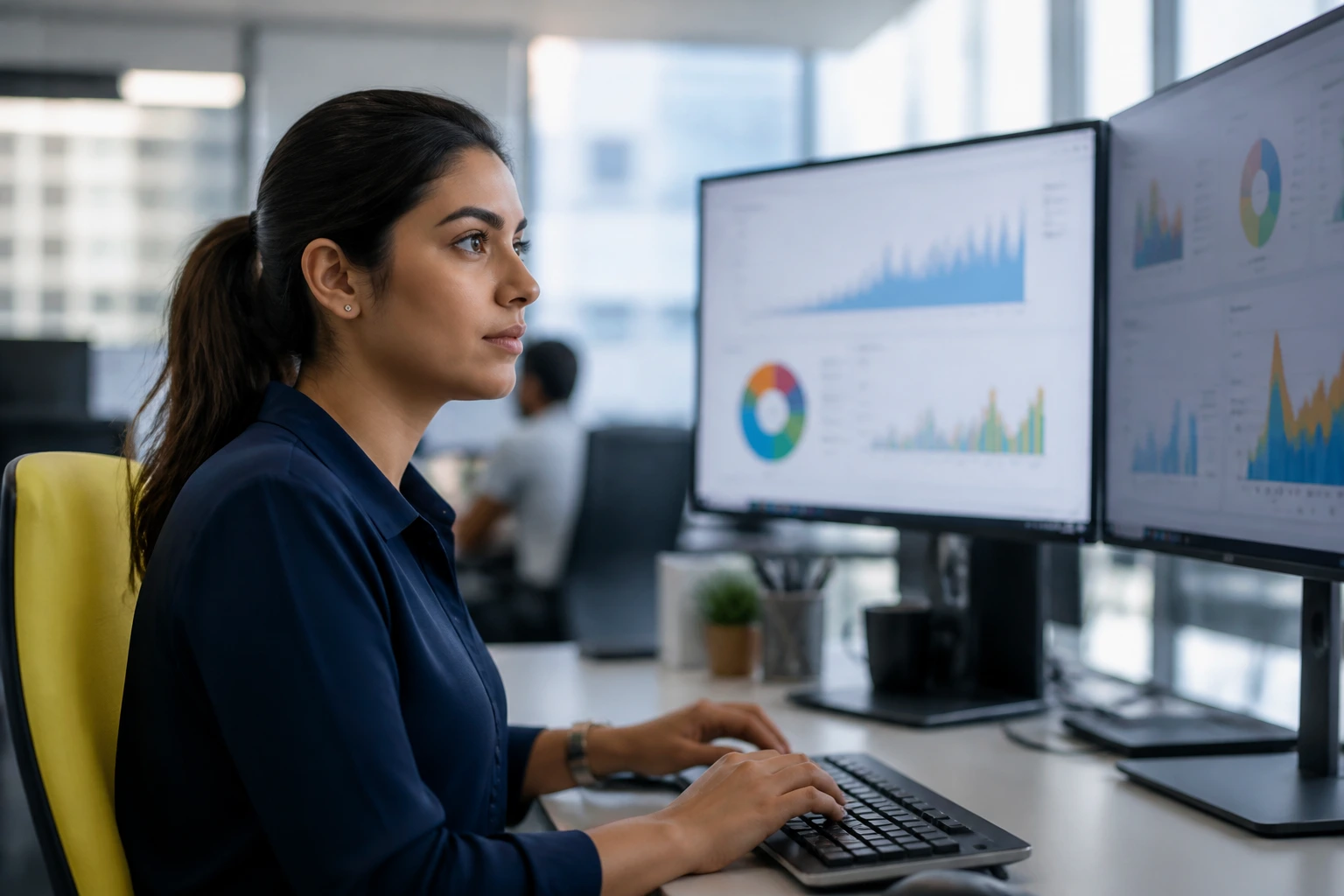 Data analyst at a desk in a modern office representing Aviva
