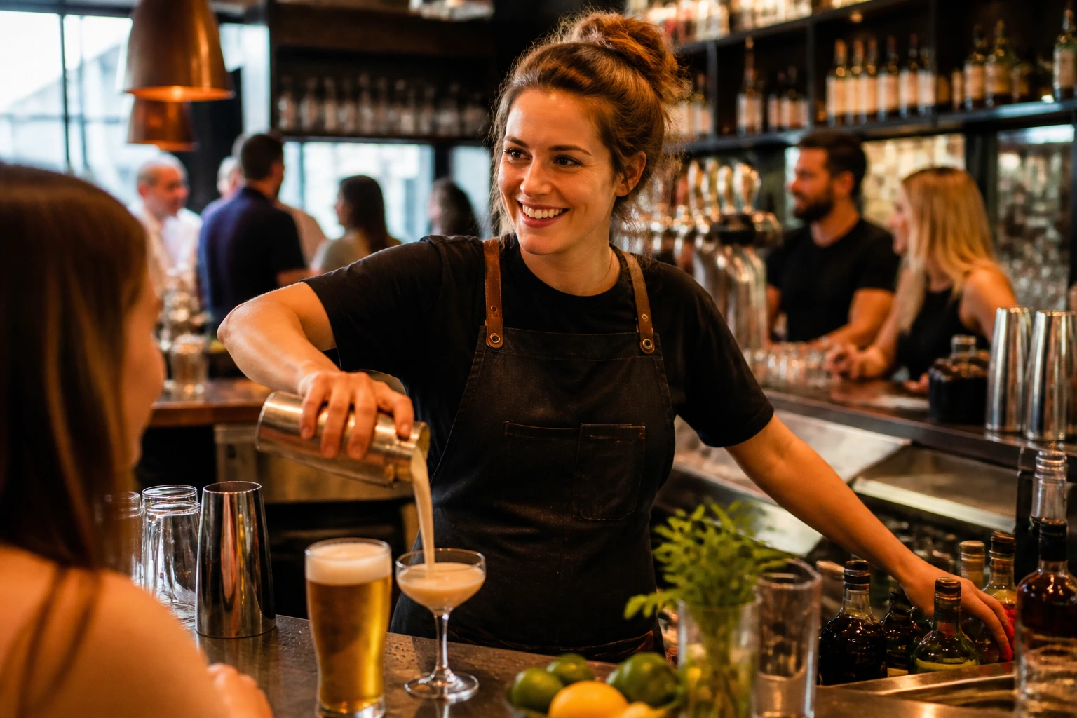 Bartender building a career in Australian hospitality, multitasking behind the bar