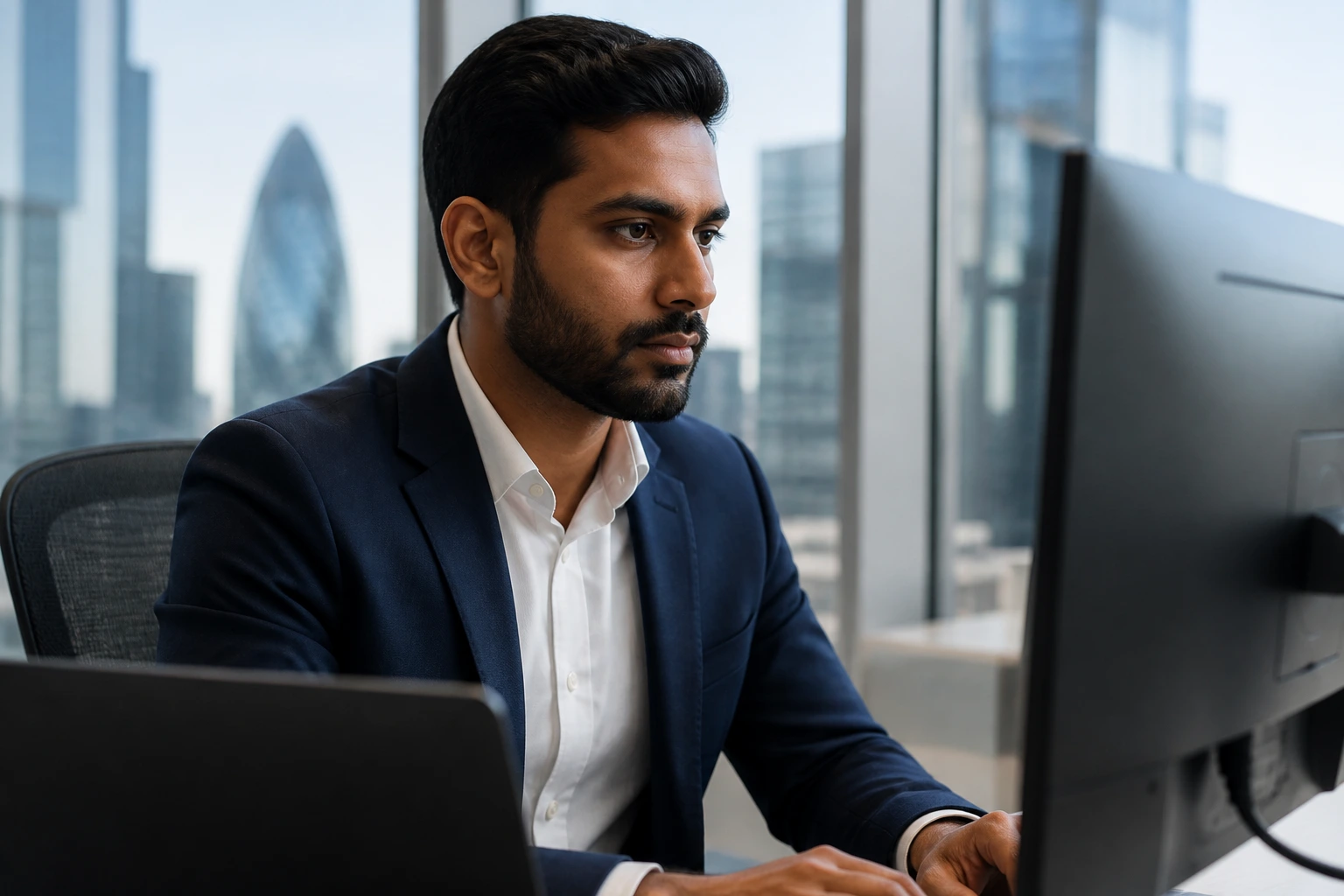 Technology/risk professional portrait in Barclays-like office