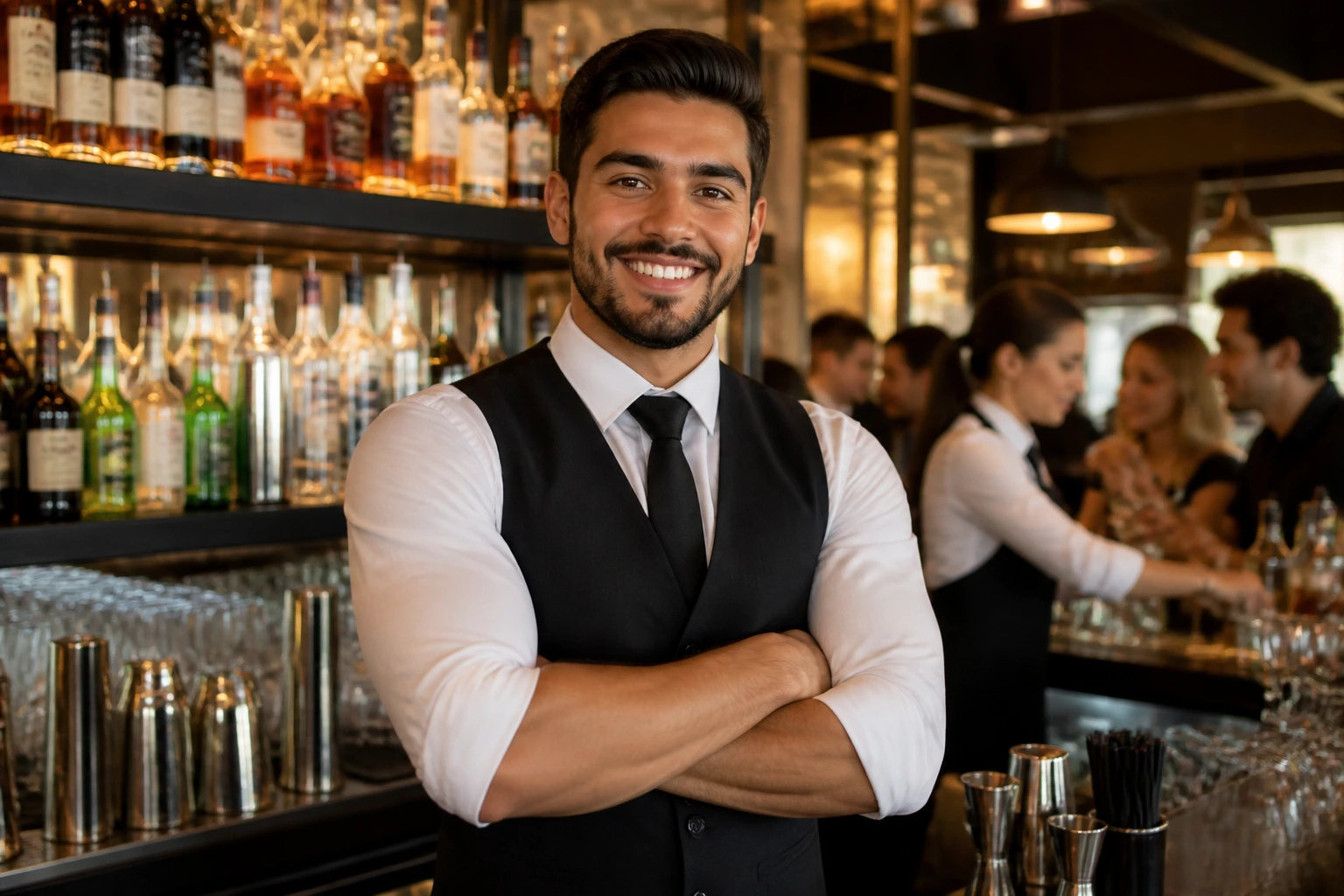 Bartender in uniform behind a bar, eyes forward, suggesting leadership for visa pathway