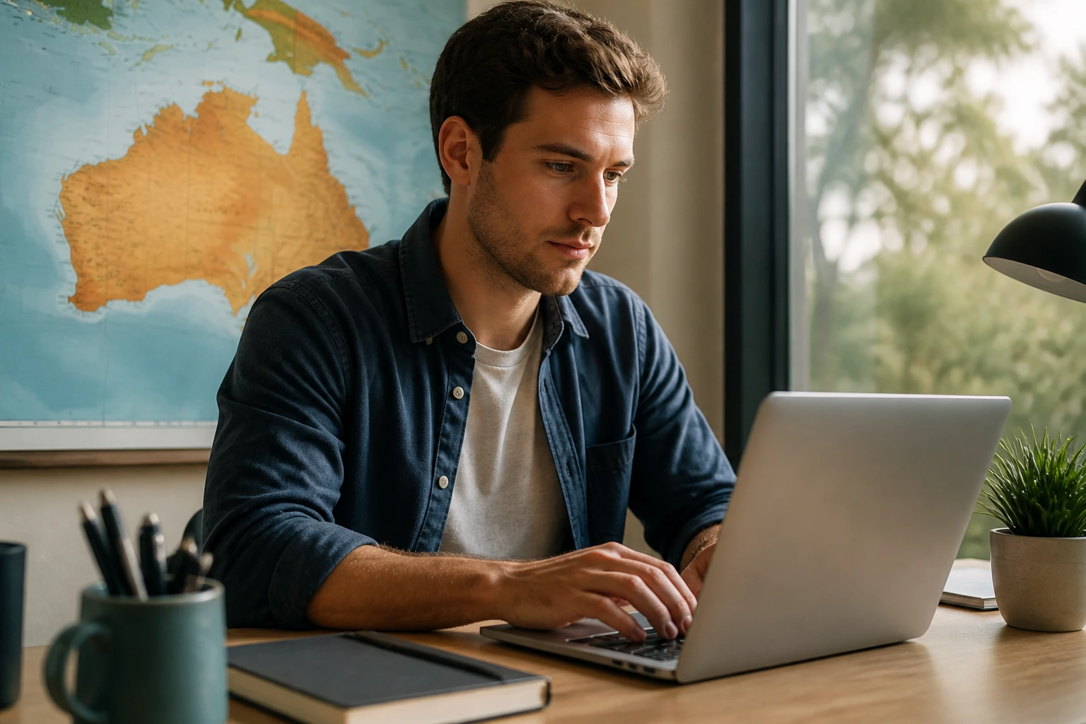 Close-up of hands typing on a laptop with a map of Australia in the background, illustrating visa sponsorship job search