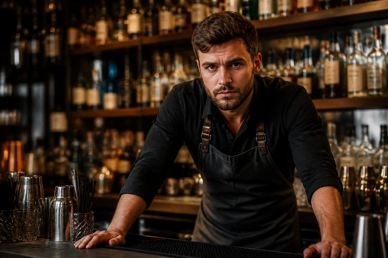 Intense close-up of a bartender behind a busy bar illustrating sponsorship challenges