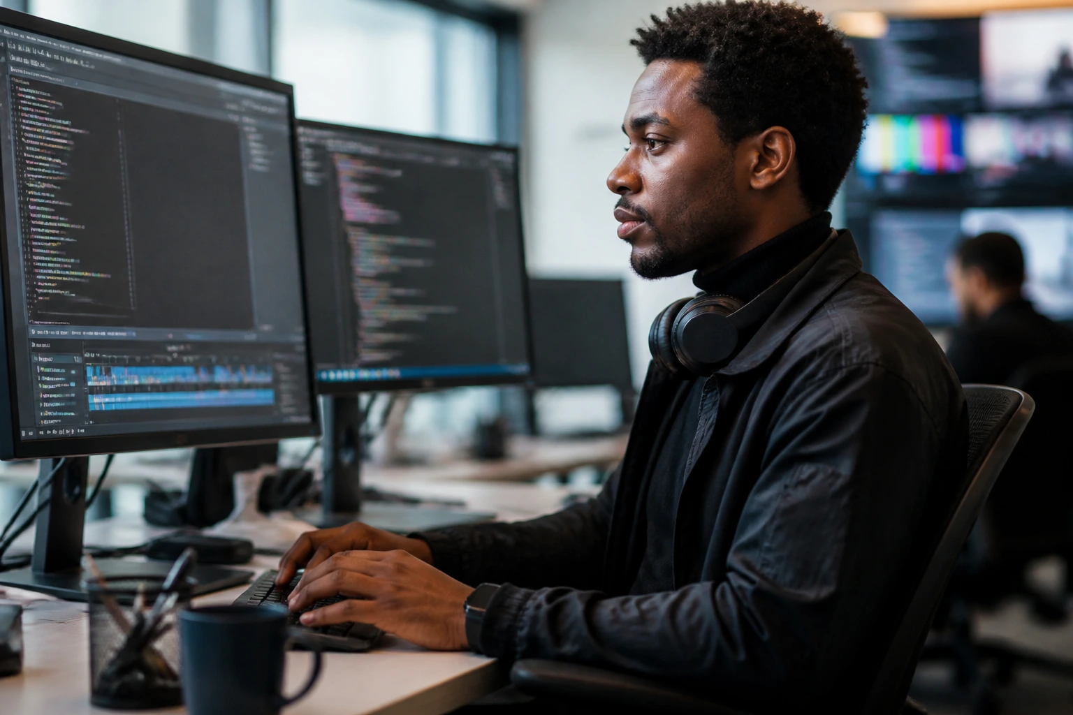 Close-up portrait of software engineer in a tech hub