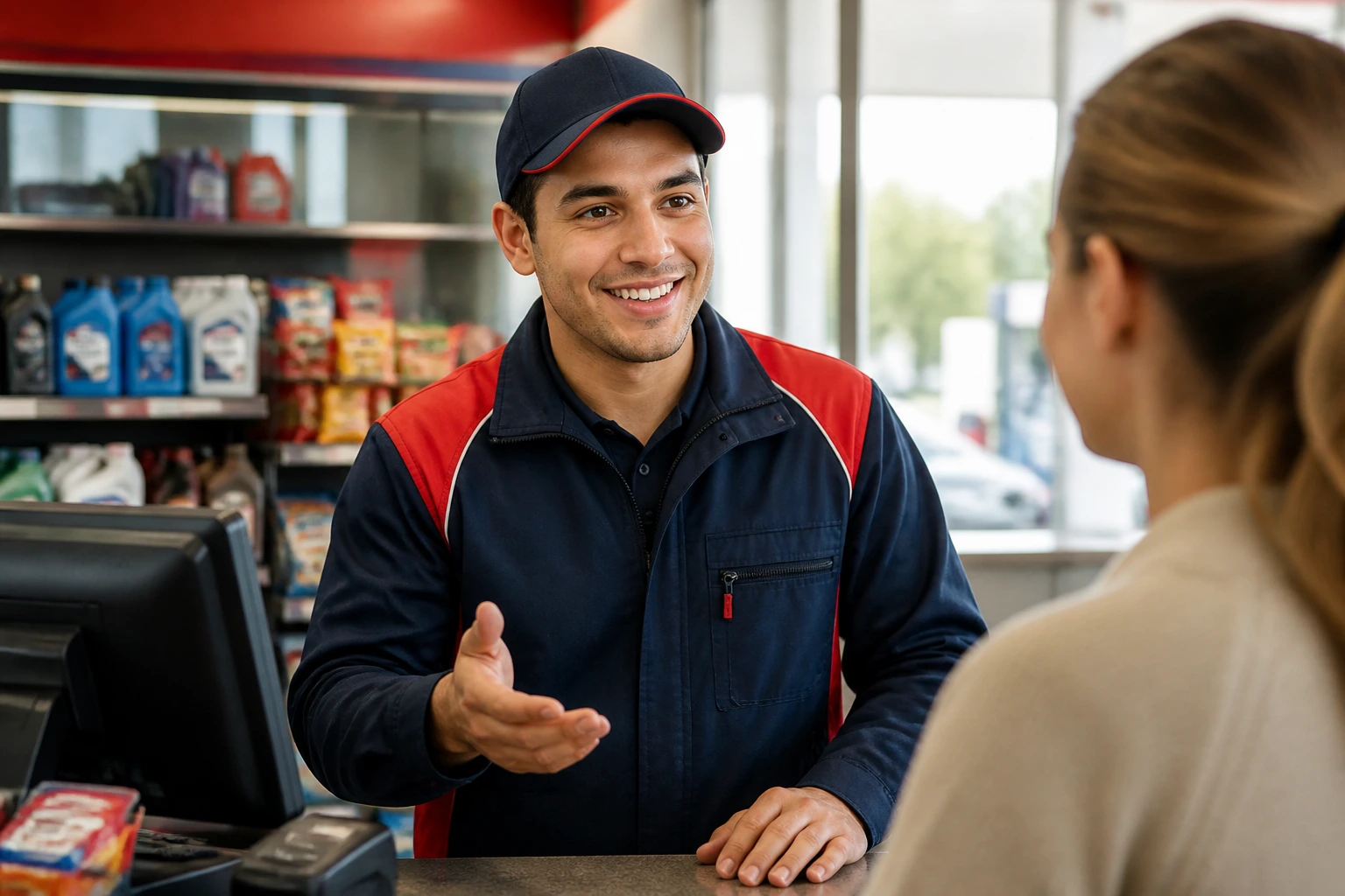 Gas station attendant engaging a customer in a bilingual service scene