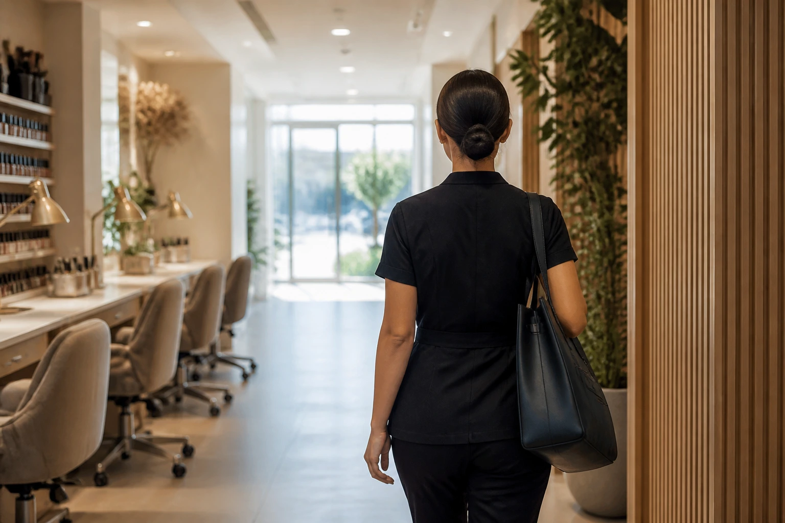 Professional adult walking toward a bright doorway down a corridor, symbolizing a career path