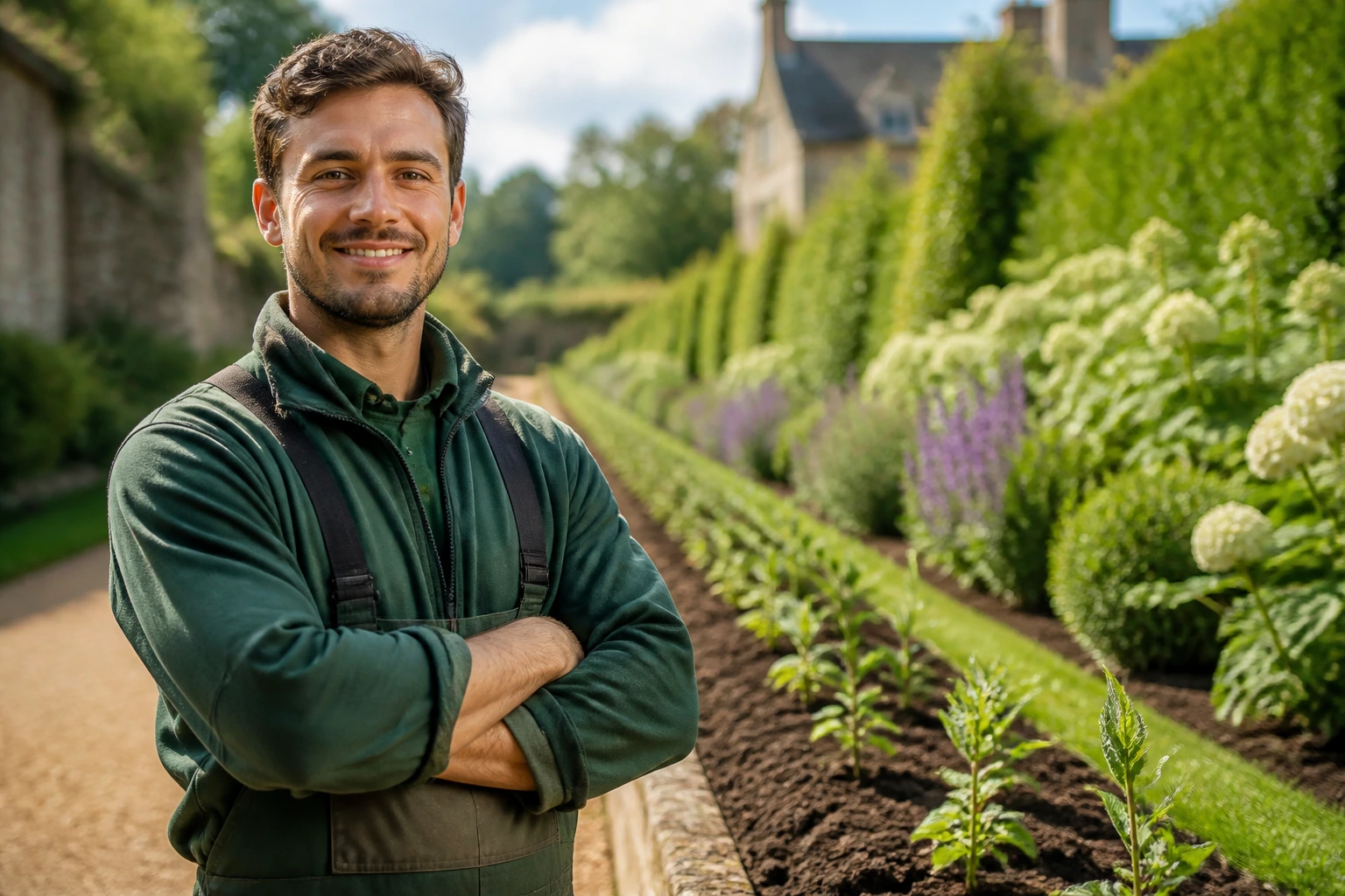 Gardener standing confidently in a garden with growing plants behind