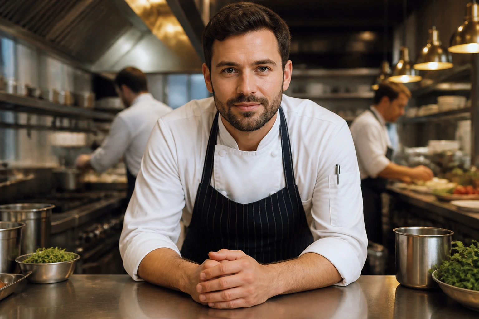 Close-up portrait of a chef in a busy kitchen