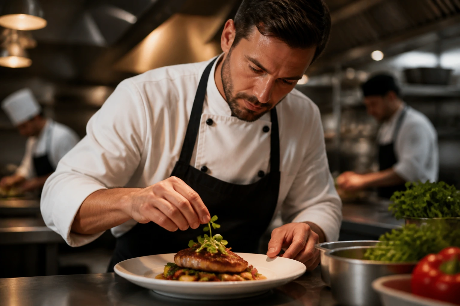 Portrait of a chef plating in a busy kitchen