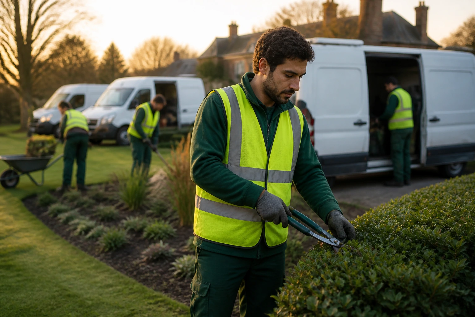 Gardener in hi-vis gear on a contract landscaping site with vans