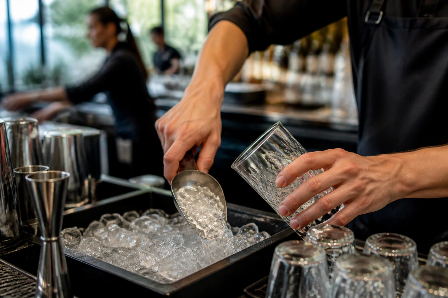Bartender hands stocking ice and cleaning glassware in a busy bar