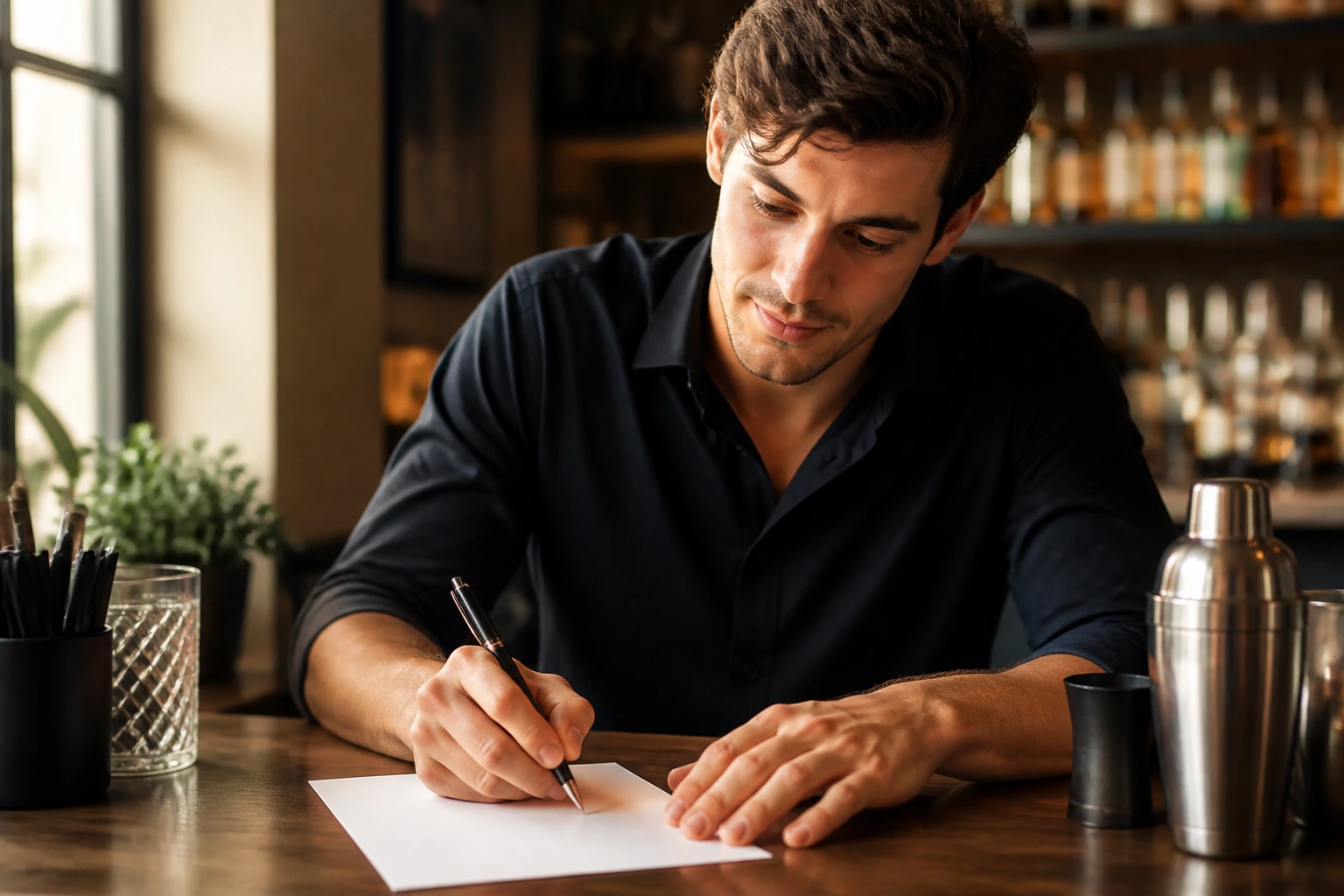 Portrait of a calm job-seeker writing on a blank sheet, conveying reassurance to employers