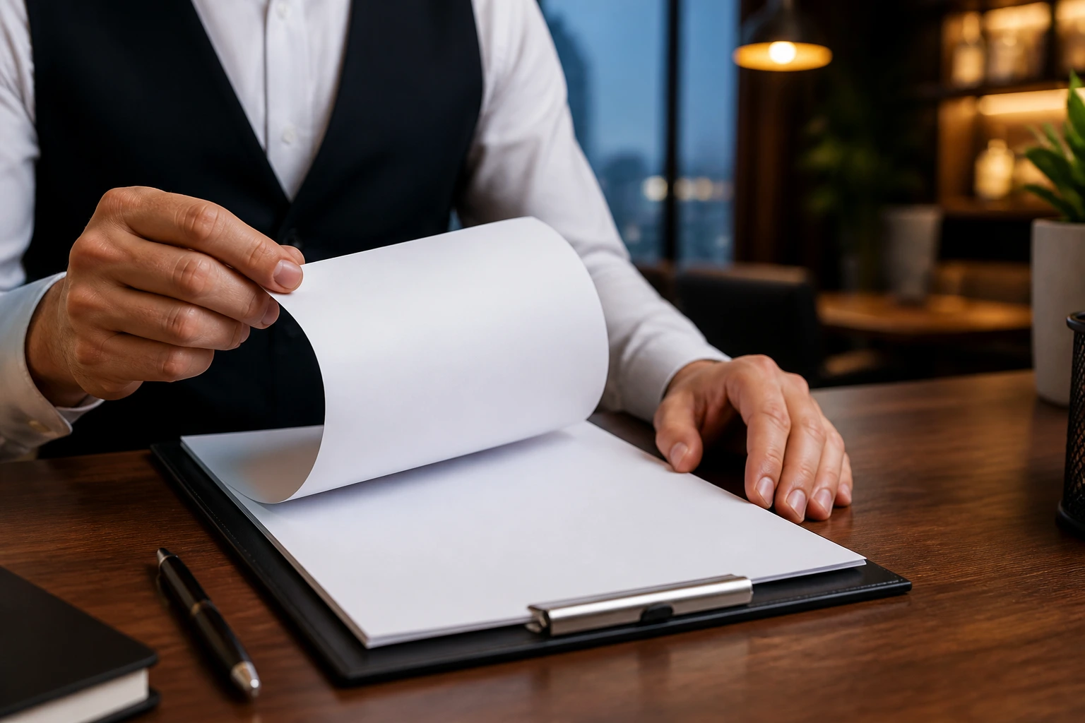 Hands flipping a plain, text-free CV page on a desk in a clean office