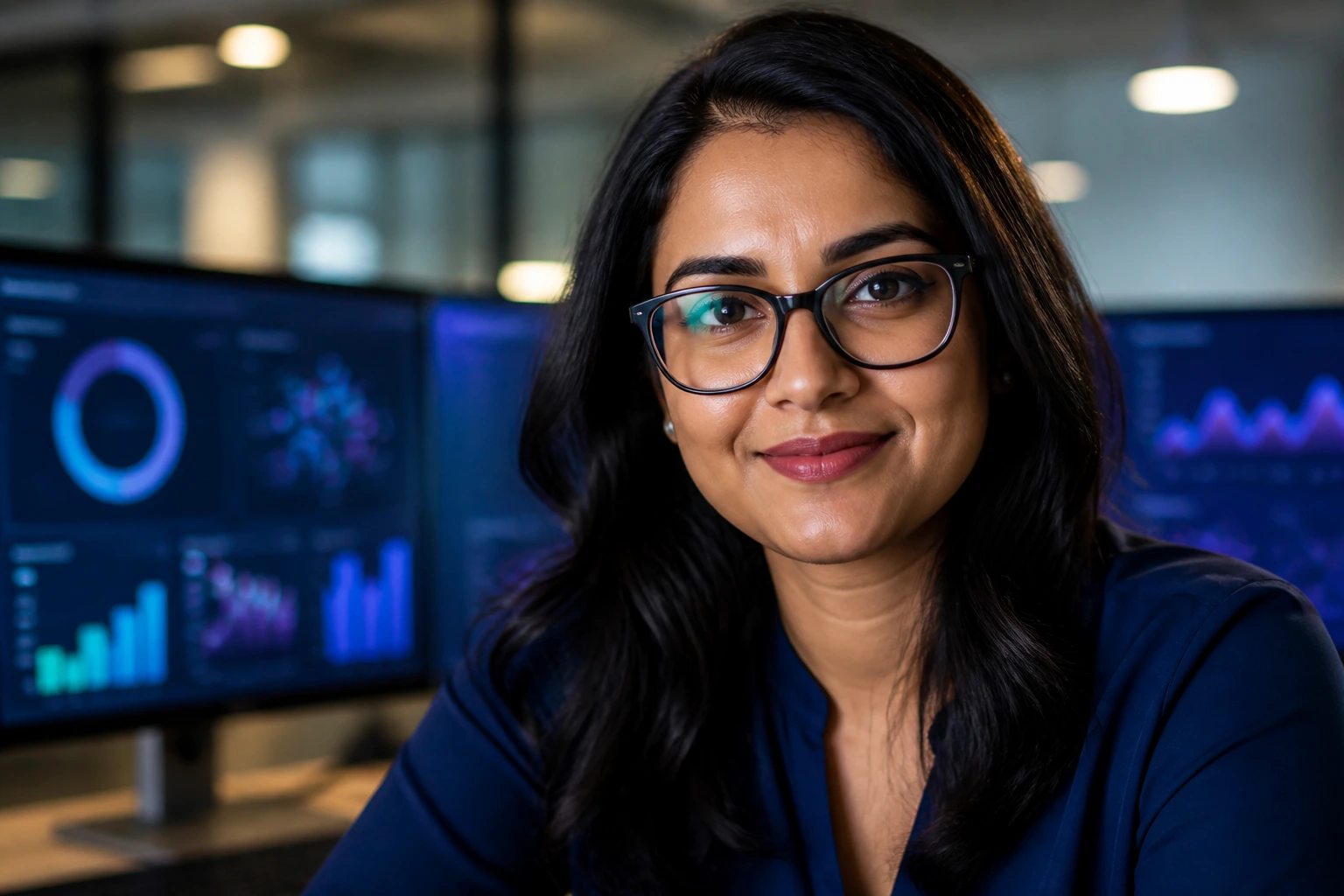 Close-up portrait of a data scientist in a modern office with data dashboards