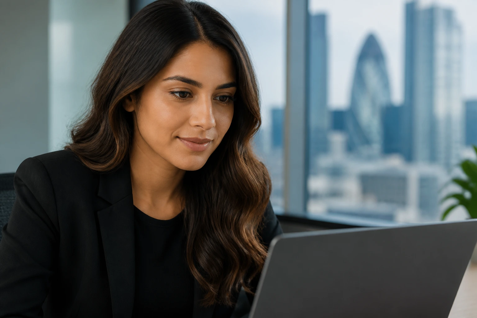 Close-up marketing executive in a London office with city skyline