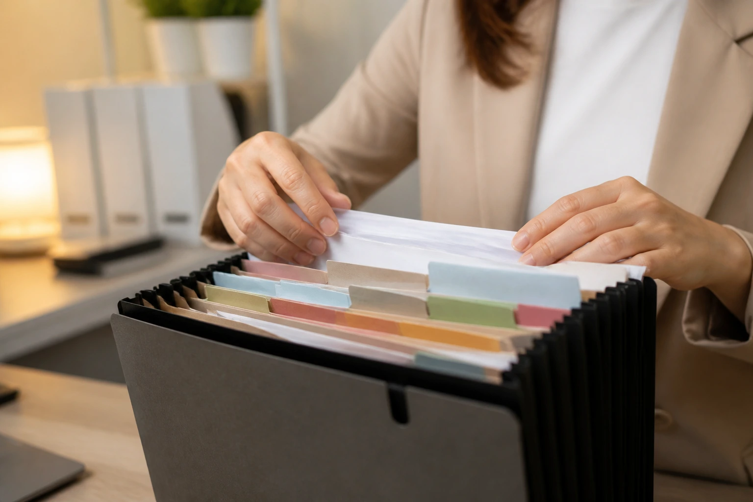 Person organizing a clean, text-free document folder in a calm office setting.
